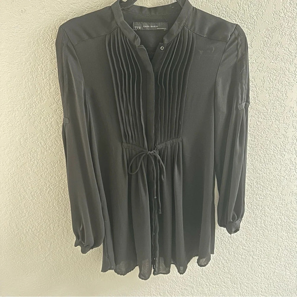 Zara Dresses & Skirts - Zara black tie waist sheer long sleeve button down tunic dress shirt